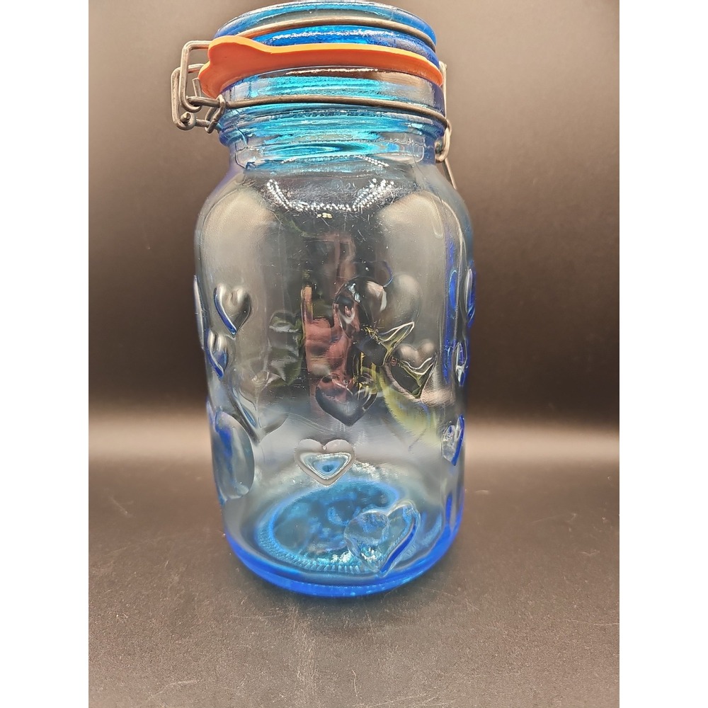 Vintage Blue Glass Storage Jar Hearts Crownford Giftware Corp  9in Tall  002